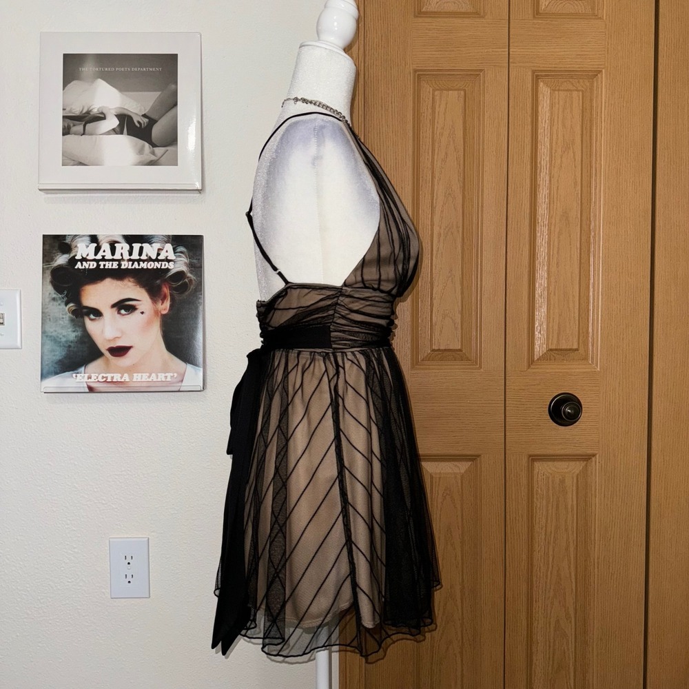 Lucy in the Sky Black Mesh Tan Mini Dress XS V-Neck Coquette Party Fit Flare - Picture 2 of 9
